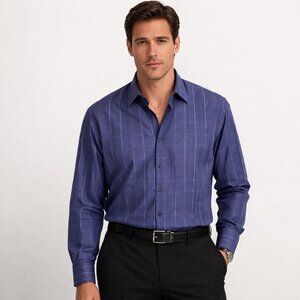 Regular Fit Purple Checkered Long Slv Button-Up Shirt XL Fall Party Winter Work